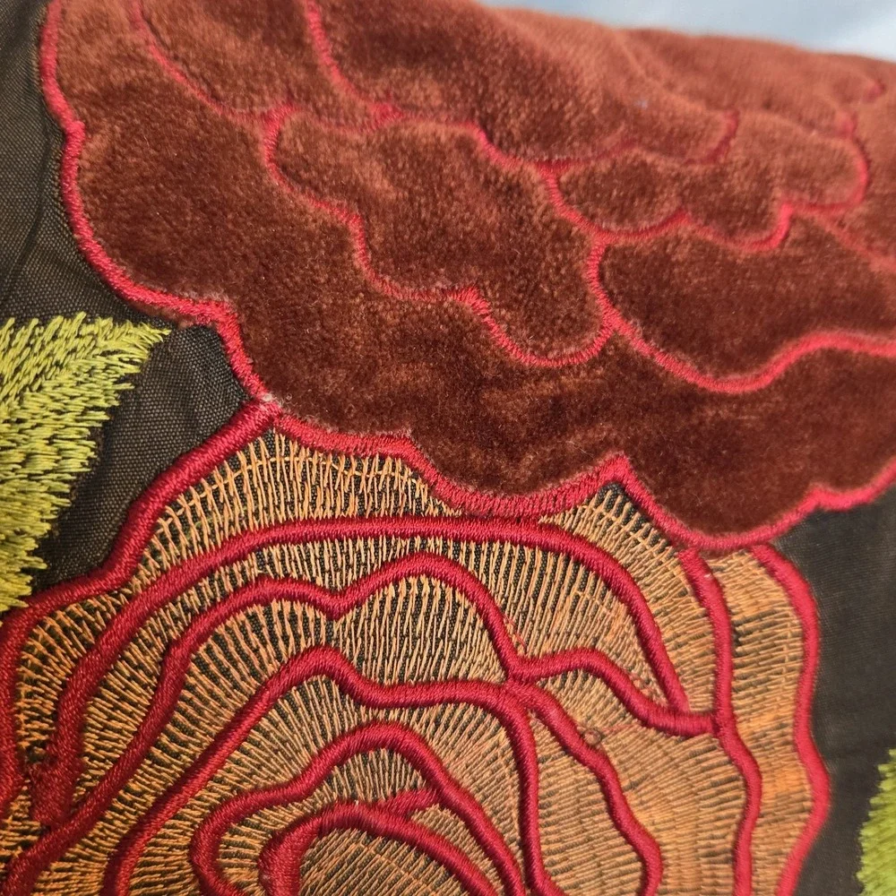 Pier 1 Floral Rose Throw Pillow 16x12 Velvet Embroidered Brown Red Orange Green